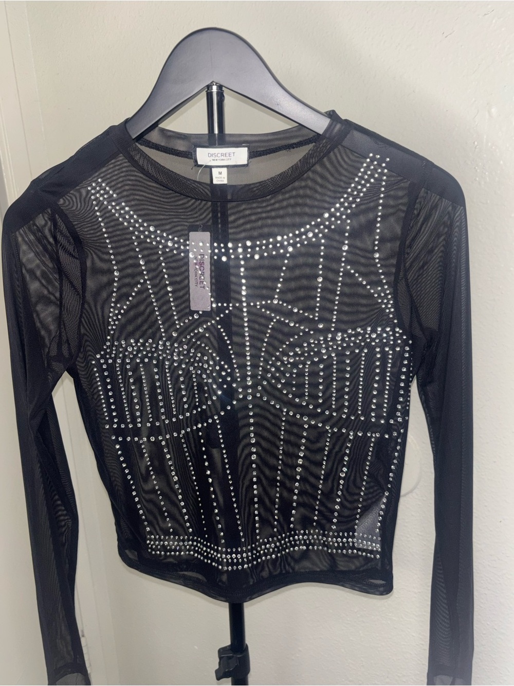 Discreet Black Sheer Long Sleeve Top with Silver Stud Accents